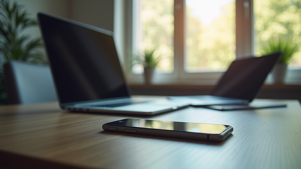 Eye-level view of a small business office with a laptop and smartphone on a desk