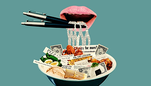 bowl, money, pens as chopsticks, mouth, newspaper clippings as noodles, lobster, food, chicken, eggs, ethnic food