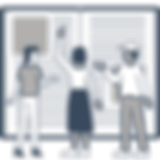 Blue, white, and grey image of three people in front of a large open book discussing the content.
