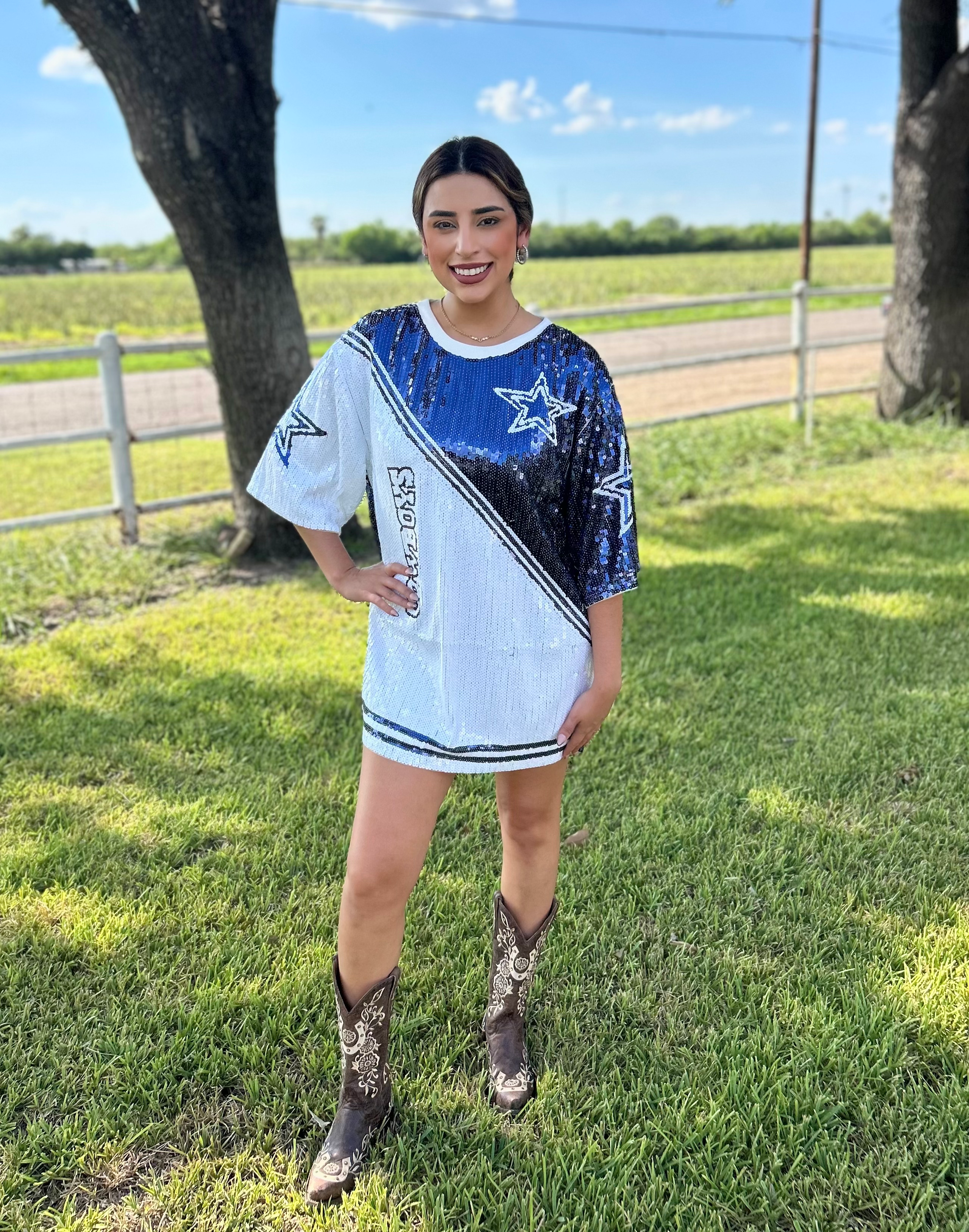 Blue & White Cowboys Sequin Dress