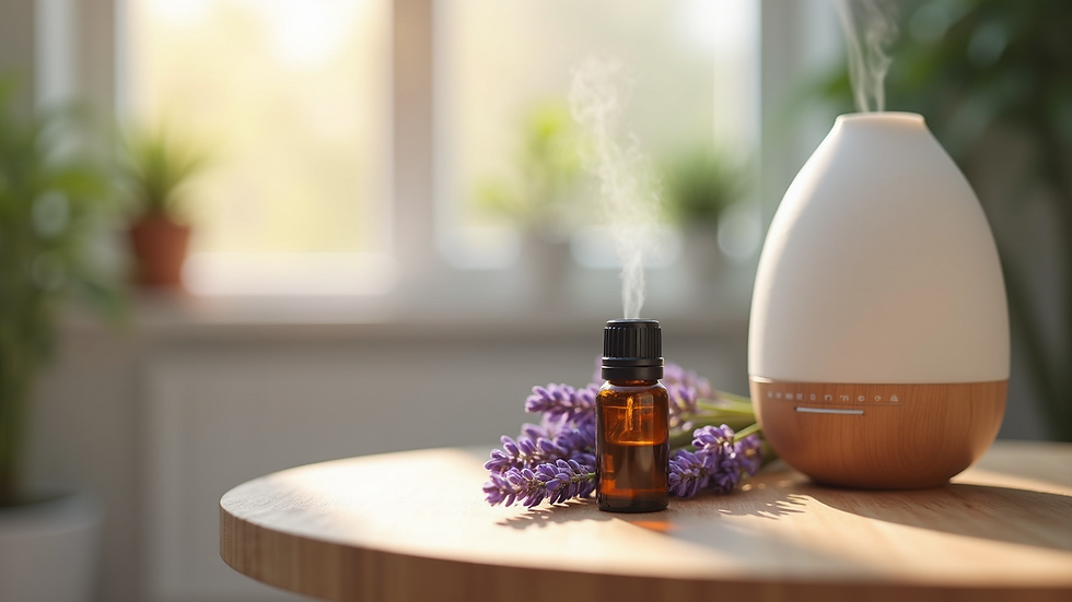 Eye-level view of a diffuser with lavender essential oil
