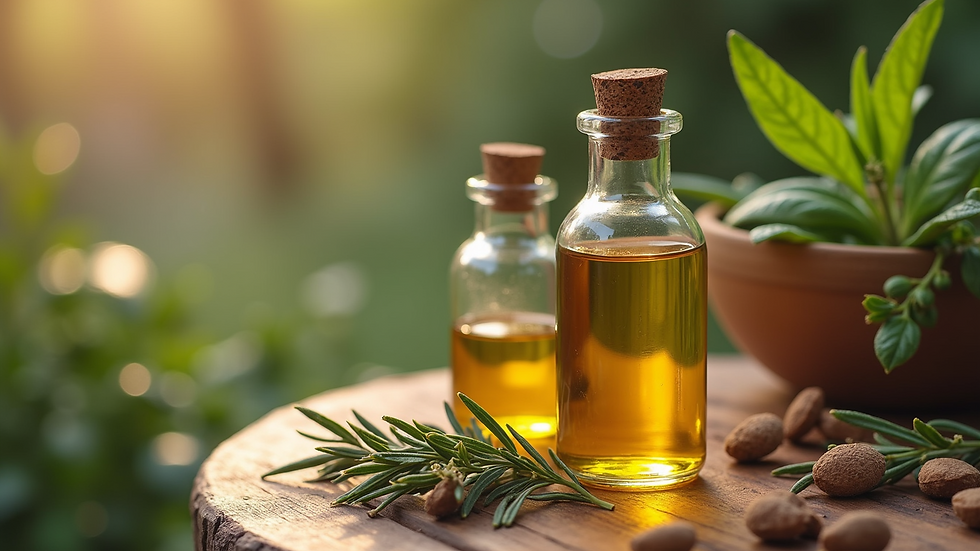 High angle view of herbal oils on a wooden table