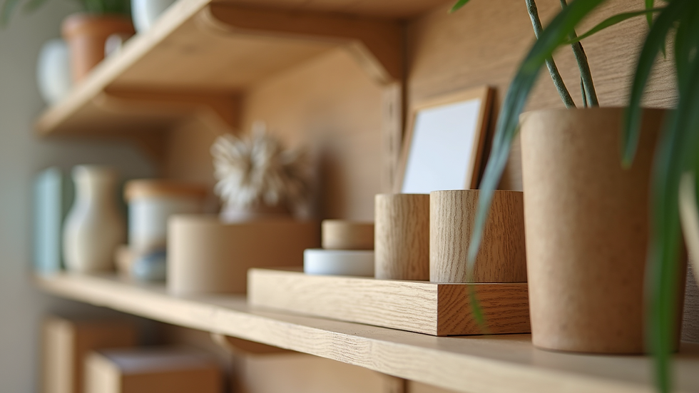 Eye-level view of eco-friendly office supplies displayed on a wooden shelf