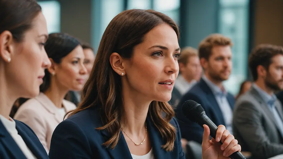 Close-up view of a female entrepreneur speaking at a conference