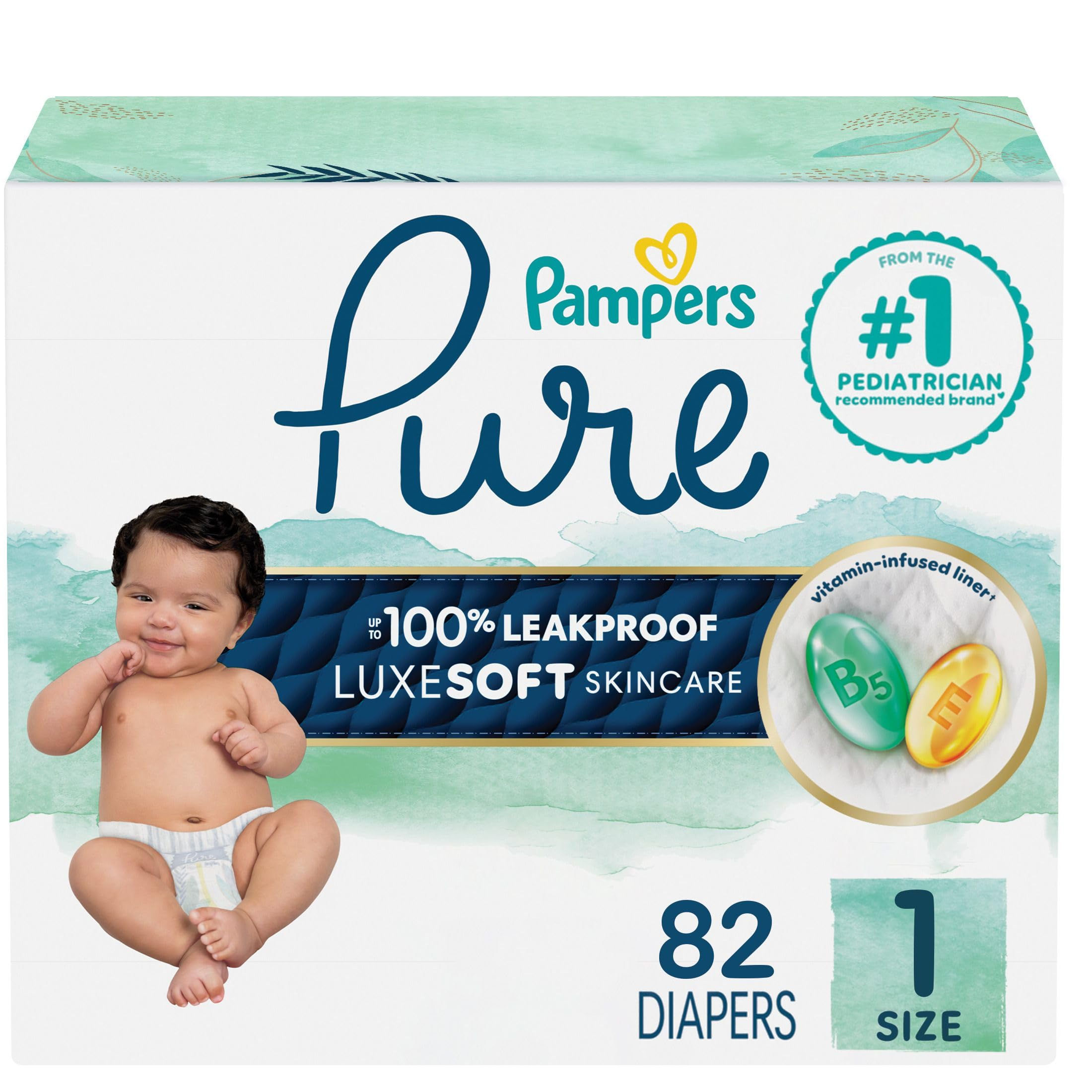 Pampers Pure Baby Diapers, Size 1 (8-14 lbs), 82, Up to 100% Leakproof