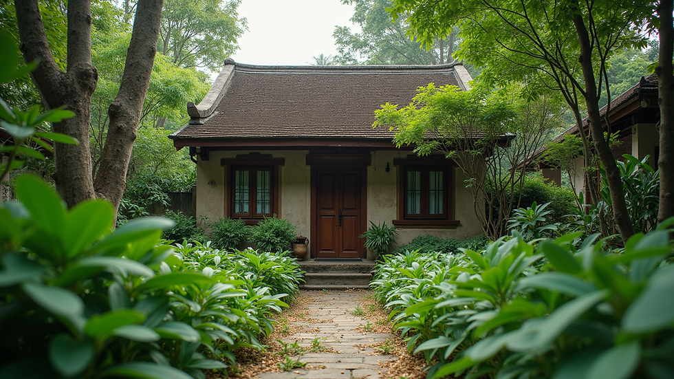 Eye-level view of a traditional Vietnamese home surrounded by lush greenery