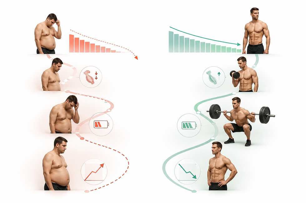 Comparison between crash dieting and a structured body recomposition approach preserving muscle while reducing body fat