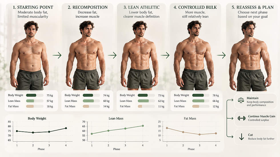 Body recomposition followed by lean bulking as body composition and goals change