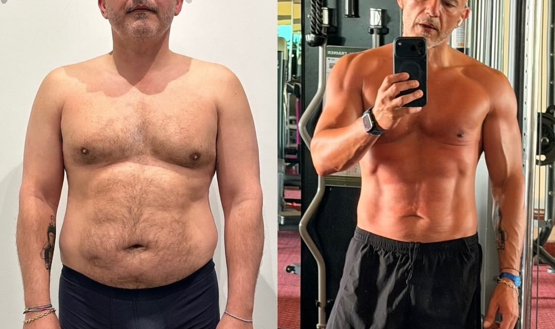 Matteo before and after losing 25 kg through a structured body recomposition program