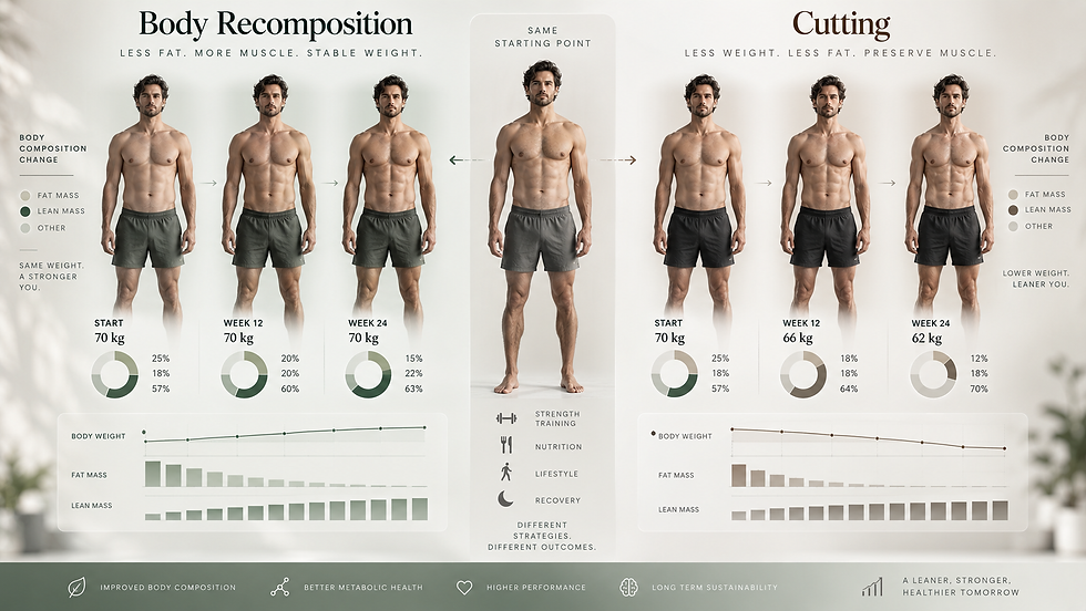 Body recomposition vs cutting showing differences in fat loss, muscle mass and body weight