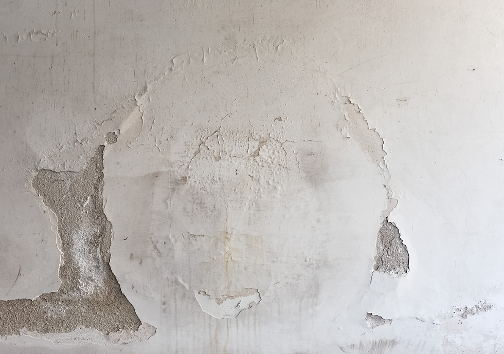 Peeling white wall with cracked plaster and exposed gray patches, showing water stains and decay.