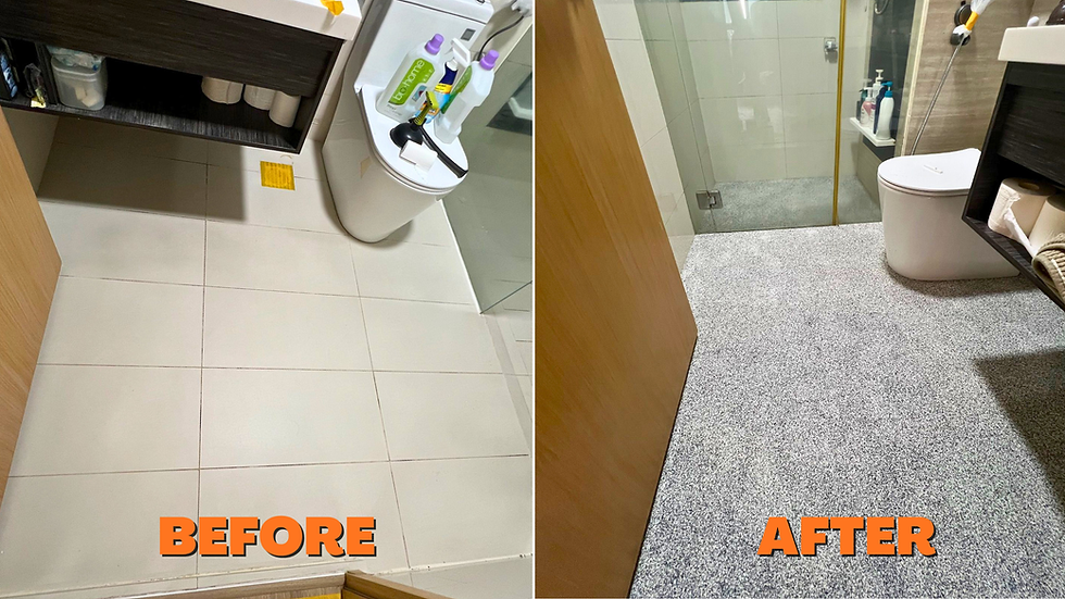 Before & after: A condo bathroom upgraded with epoxy flake coating — seamless, non-slip, and easy to maintain.