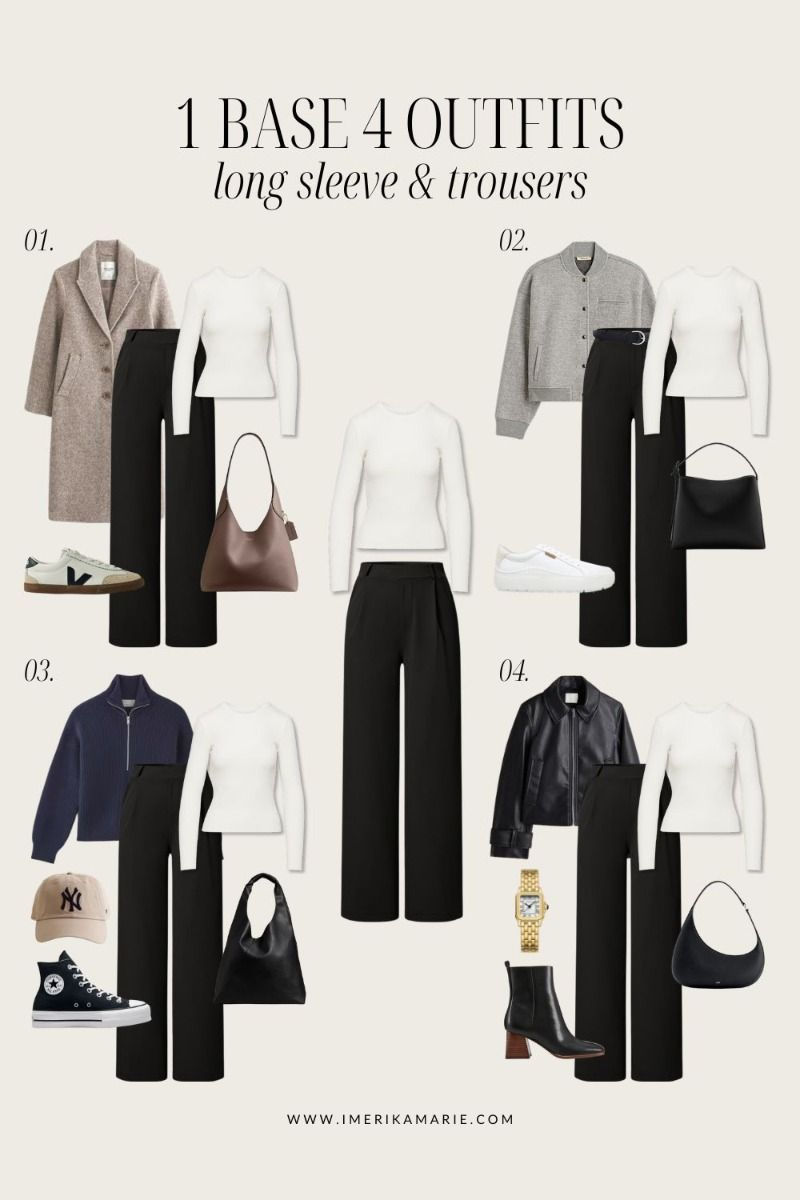 Fashion collage of 4 long-sleeve and trouser outfits on a beige background; text reads 1 BASE 4 OUTFITS, long sleeve & trousers
