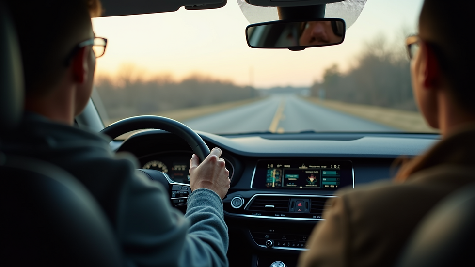 Close-up view of a car dashboard during a test drive