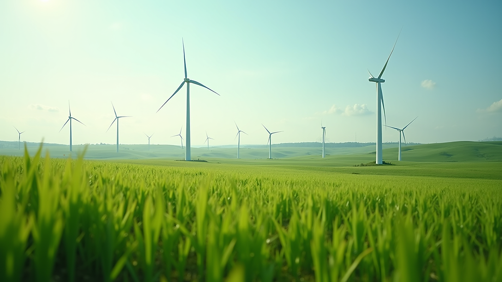 Wide angle view of a lush green landscape with wind turbines