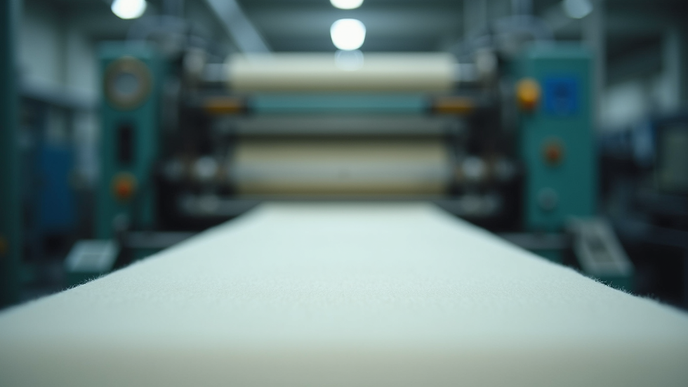 Eye-level view of industrial machinery producing pan fiber felt sheets