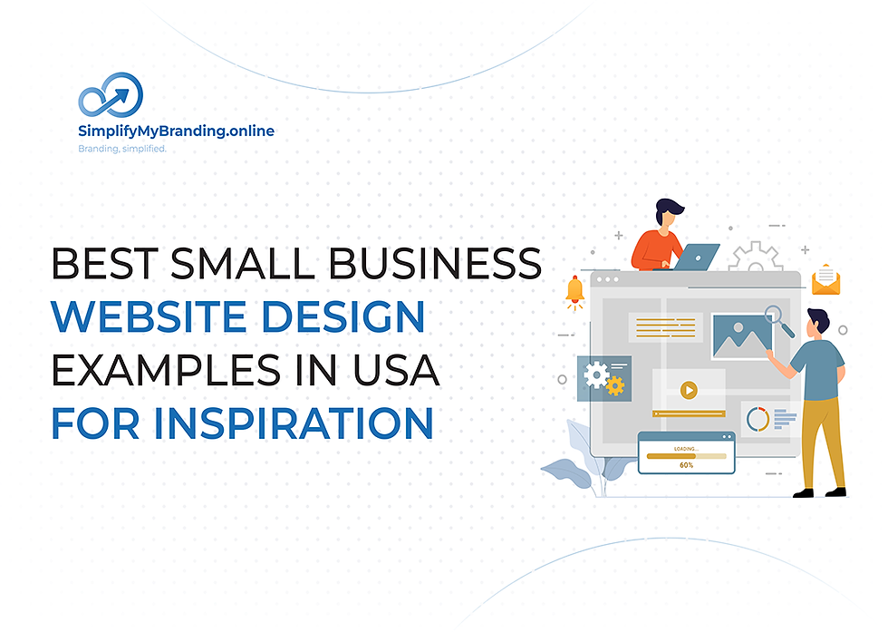 Illustration of two people designing a website beside text: Best Small Business Website Design Examples in USA for Inspiration.