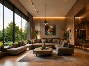 Warm modern living room with sectional sofa, coffee table, plants, and floor-to-ceiling windows overlooking greenery