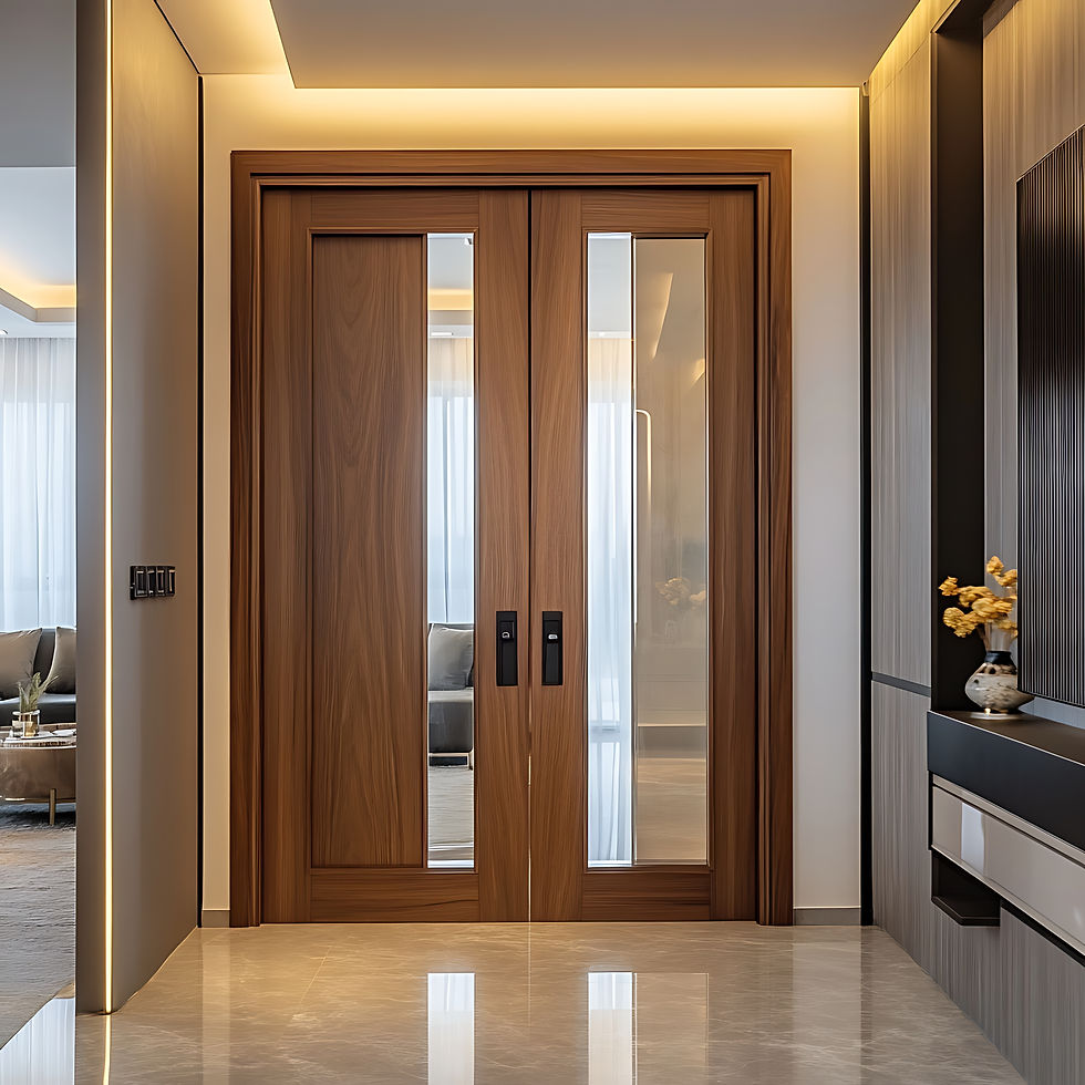 Wooden double doors with glass panels in modern home interior design.