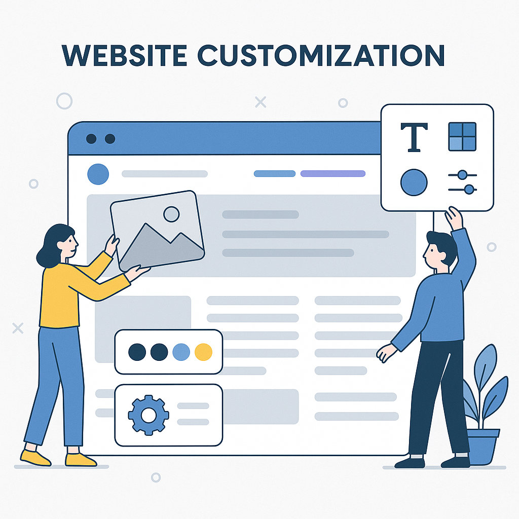 People customizing a website with images, colors, and text tools.