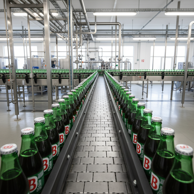 Bottles of beverage move along a conveyor belt in a factory.