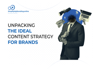 A person in a suit adjusts a tie, surrounded by icons of money, a laptop, and a megaphone. Text: "Unpacking the Ideal Content Strategy for Brands."