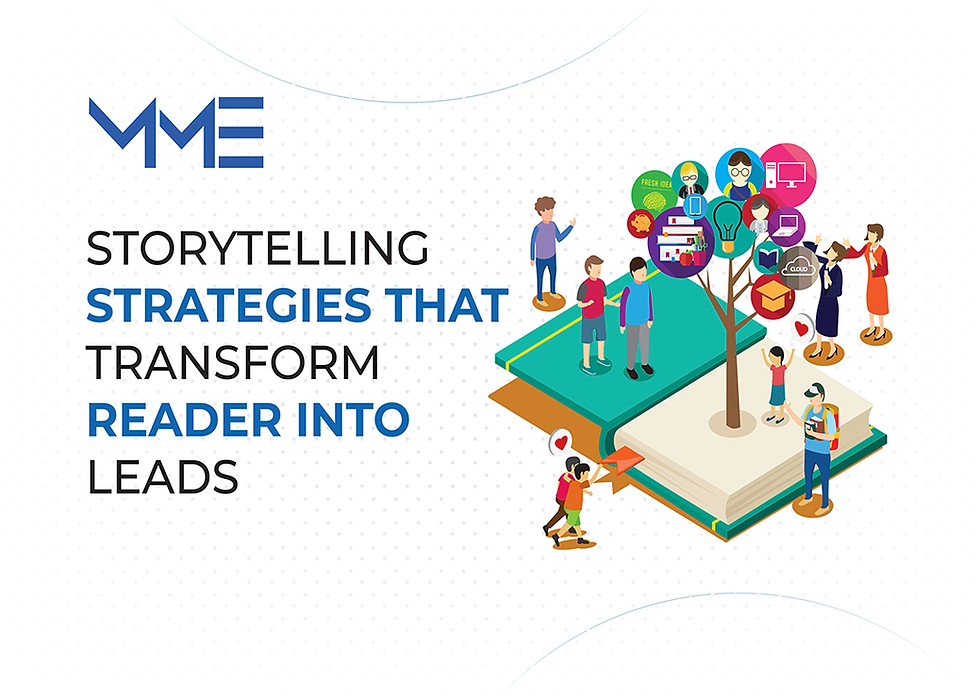 Illustration of people around a book with a tree growing symbols. Text: Storytelling strategies transform reader into leads.