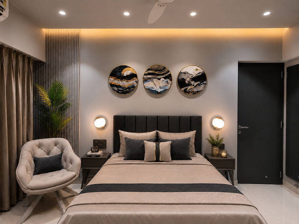 Modern beige-and-black bedroom with neatly made bed, tufted chair, round wall art, and warm lighting.