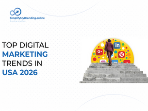 Promo graphic with man climbing stone steps toward colorful social media icons; text reads Top Digital Marketing Trends in USA 2026.