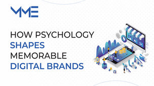 Text reads "How Psychology Shapes Memorable Digital Brands" with blue elements. Illustrations show people analyzing data on a giant phone screen.