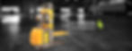 Yellow forklift in dim warehouse. Text: "GO GREEN to make the globe clean." Green footprint logo. Mood: sustainable, industrial.