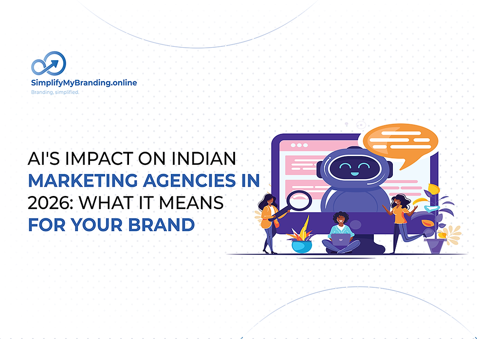 Cartoon people with tech devices study a screen featuring a smiling robot. Text: "AI's Impact on Indian Marketing Agencies in 2026."