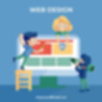 Cartoon team designing a website on a large computer screen.