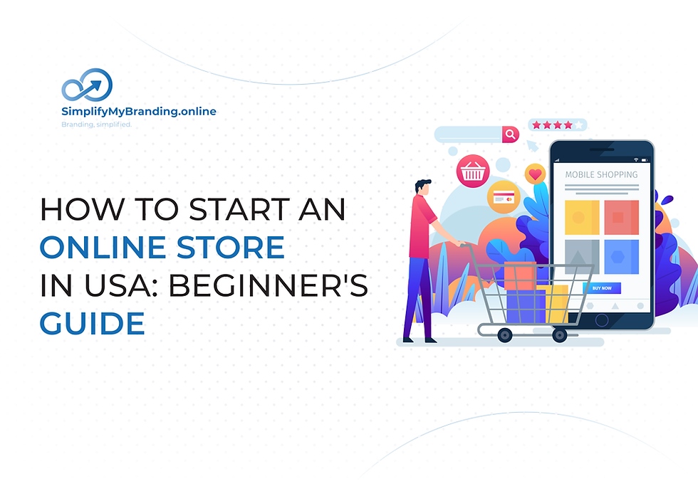 Infographic of man with shopping cart beside smartphone shopping app; text: How to Start an Online Store in USA: Beginner's Guide