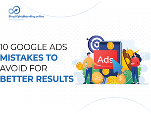 People near a phone displaying "Ads" with money symbols, bullseye, and rocket. Text: "10 Google Ads Mistakes to Avoid for Better Results."