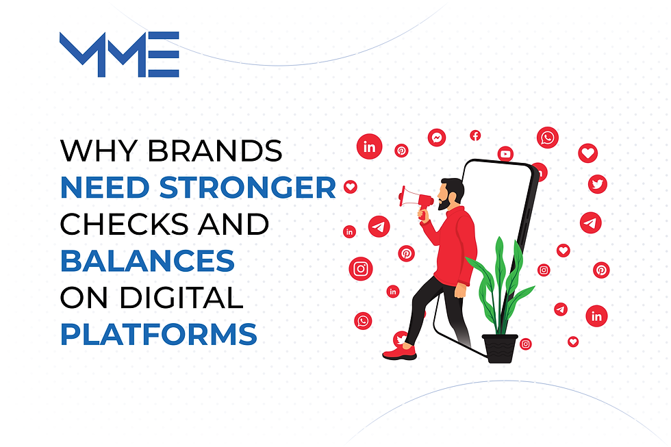 Man with megaphone and phone amid social media icons. Text: "WHY BRANDS NEED STRONGER CHECKS AND BALANCES ON DIGITAL PLATFORMS." Mood: Assertive.