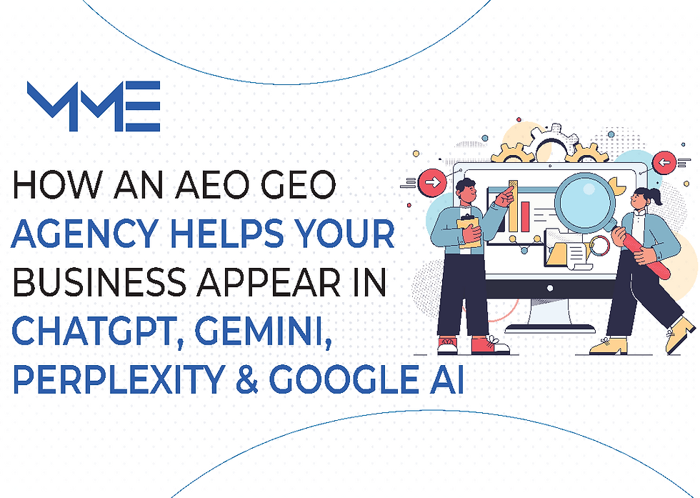 Illustration of two people analyzing a dashboard with a magnifying glass beside text on AEO/geo agency help for ChatGPT, Gemini and Google AI.