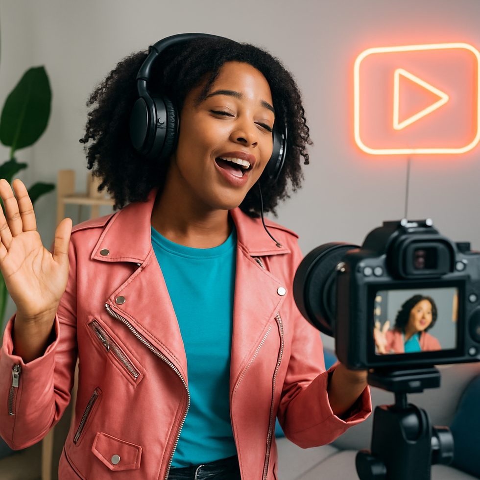 Young woman in headphones recording a video with a camera, singing beside a neon play icon.