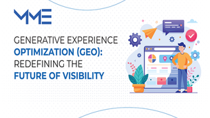 Man stands by a website on a screen with colorful icons. Text reads: "Generative Experience Optimization (GEO): Redefining the Future of Visibility."