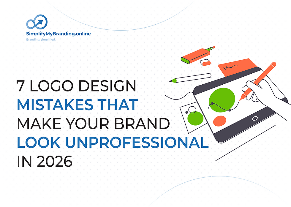 Poster about logo design mistakes with text 7 Logo Design Mistakes That Make Your Brand Look Unprofessional in 2026; hand edits tablet logo