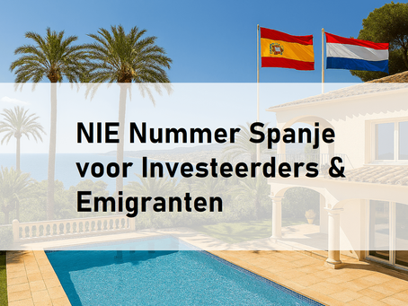 Blogpost Afbeelding met titel NIE-nummer Spanje voor Investeerders en Emigranten. Op de achtergrond zie je een Spaanse villa met zwembad en palmbomen.