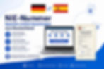 Werbegrafik zur NIE-Nummer Spanien online beantragen: aus Deutschland, mit Laptop, Deutschland- und Spanien-Flagge sowie Formular.