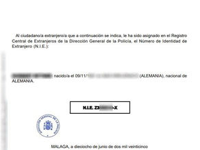 document original du certificat NIE Espagne