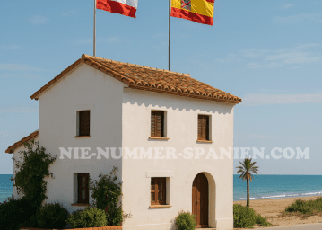 Spanische Finca mit Flagge von Spanien und Österreich auf dem Dach. Im Hintergrunf Strand und Palme. Titelbild zur Beantragung der NIE-Nummer online aus Österreich