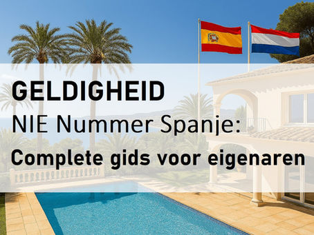 Titelafbeelding bij de blogpost Geldigheid NIE-Nummer Spanje. Op de achtergrond zie je een huis met een zwembad en palmbomen en op de voorgrond de titel van het artikel.