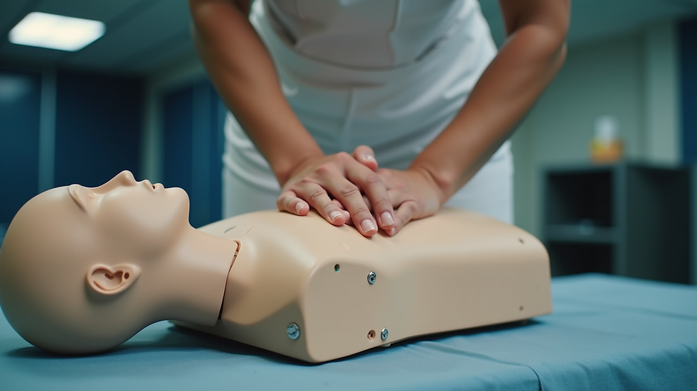 Close-up view of a person practicing CPR on a training dummy