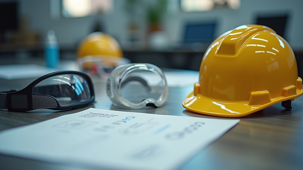 Close-up view of safety training materials and protective gear on a table