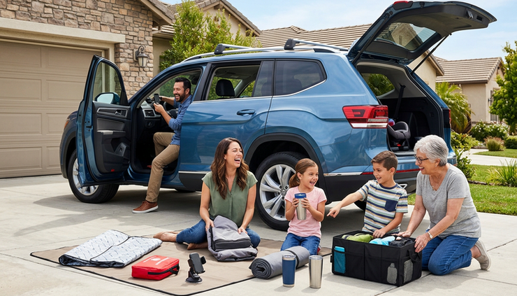 Wide-angle view of a family SUV packed with useful car accessories.