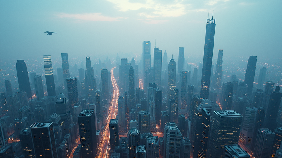 High angle view of a futuristic city skyline with digital elements