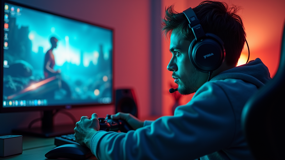 Eye-level view of a gamer focused on playing a video game